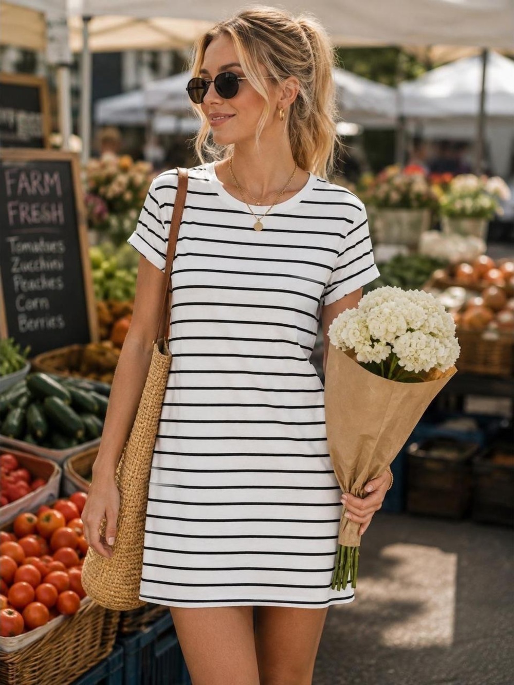 Lulu's Double Lined White Tee Dress with Black Stripes